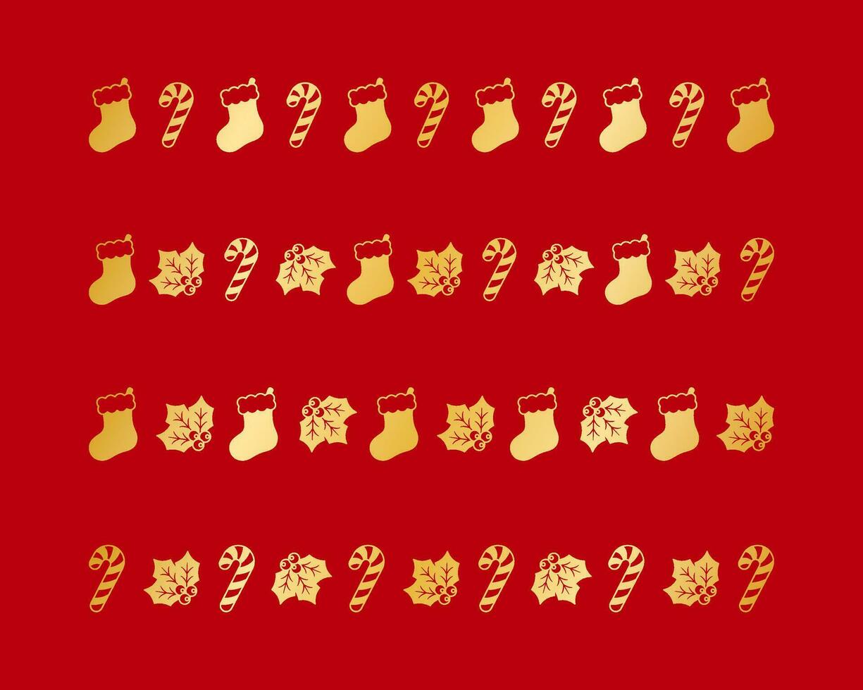 Gold Weihnachten thematisch dekorativ Rand und Text Teiler Satz, Weihnachten Strumpf, Süßigkeiten Stock und Mistel Muster Silhouette. Vektor Illustration.