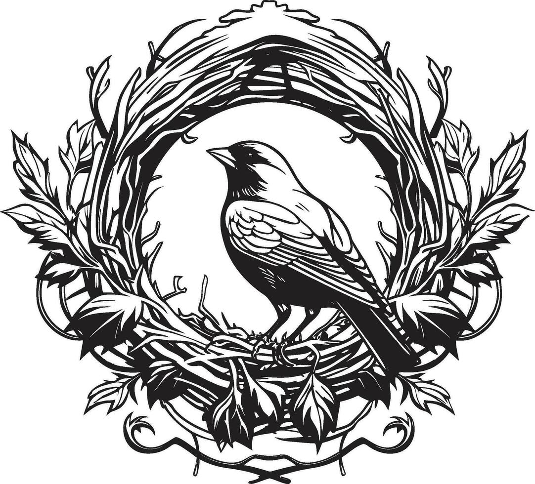 elegant nesting noir fågel bo symbol inbäddat i skuggor svart fågel bo artisteri vektor