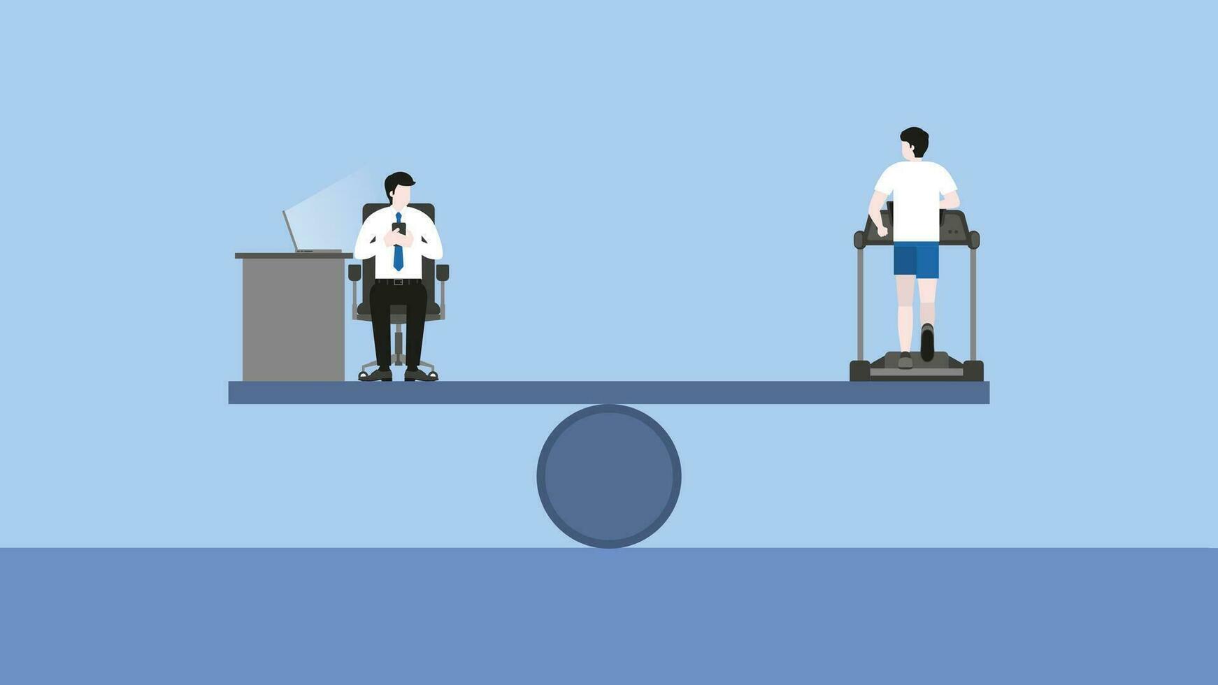Arbeitsleben Balance Konzept zwischen ein Mitarbeiter Gehaltsempfänger Arbeit durch Laptop Computer beim das Büro Schreibtisch und ein Mann Laufen auf ein Laufband. vektor