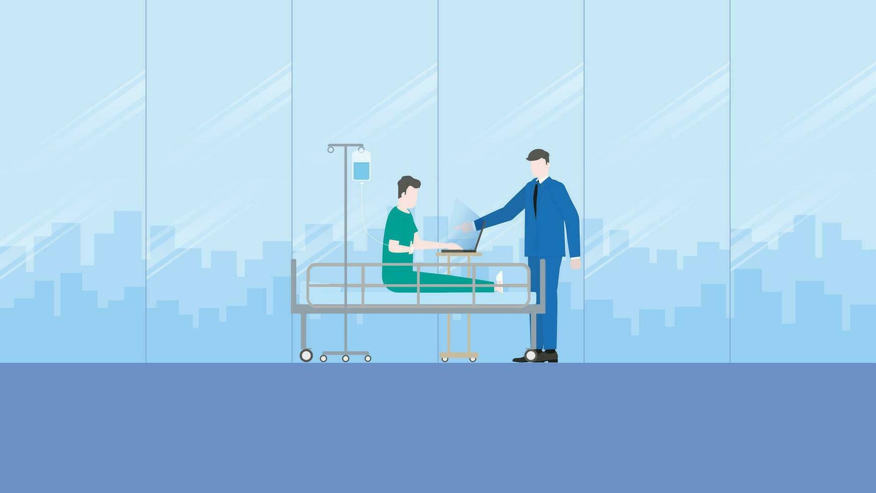 en chef tilldelar uppgifter till en sjuk anställd patient, använder sig av en bärbar dator på en sjukhus säng med en salin lösning medicinsk droppa väska. vektor