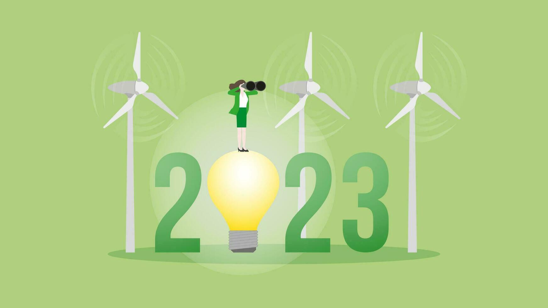Grün Energie Konzept. Vision Geschäftsfrau Verwendet Fernglas auf 2023 und Wind Turbine Generator Leistung. vektor