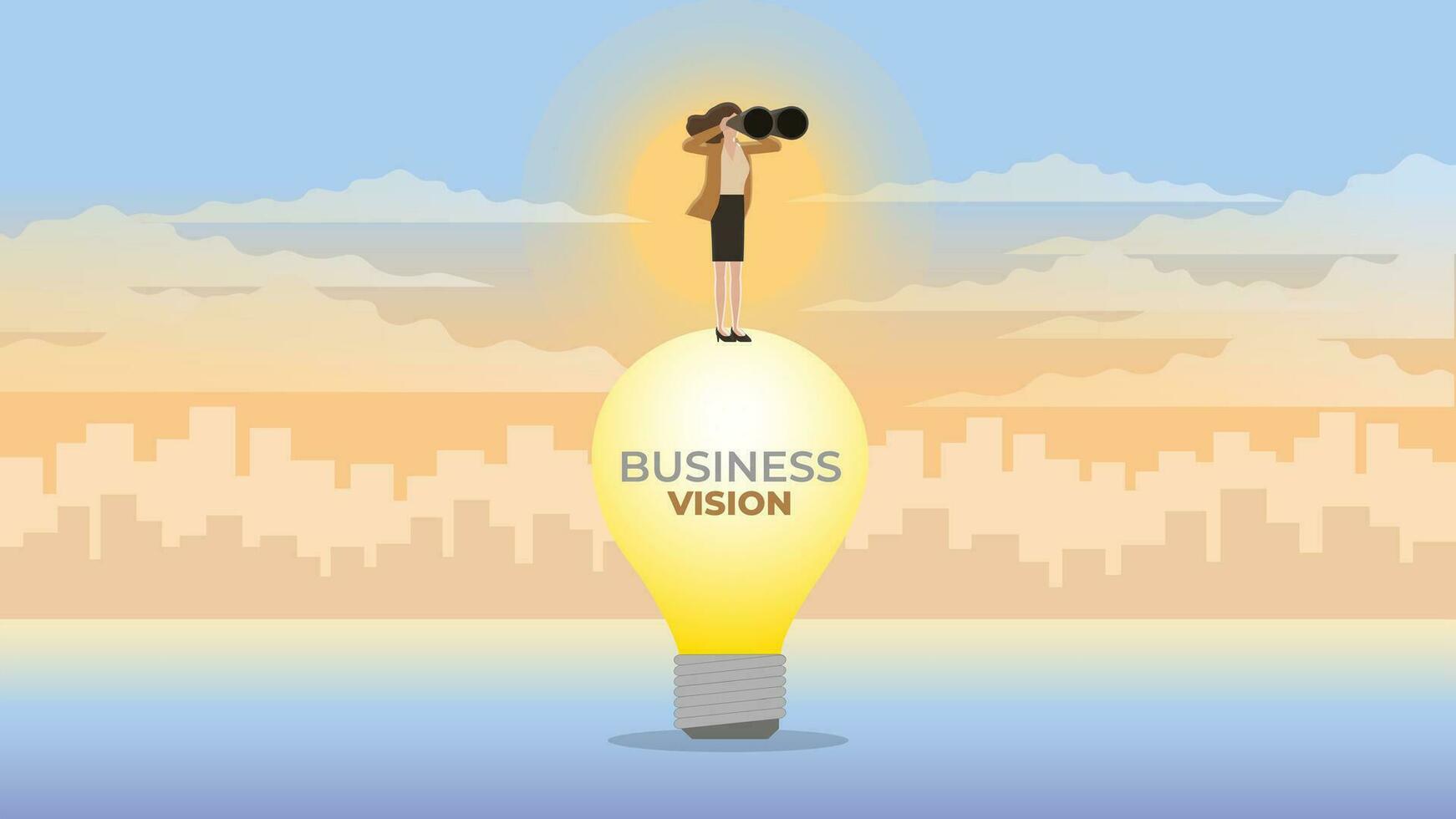 ein Vision Geschäftsfrau Verwendet Fernglas auf ein groß die Glühbirne. vektor