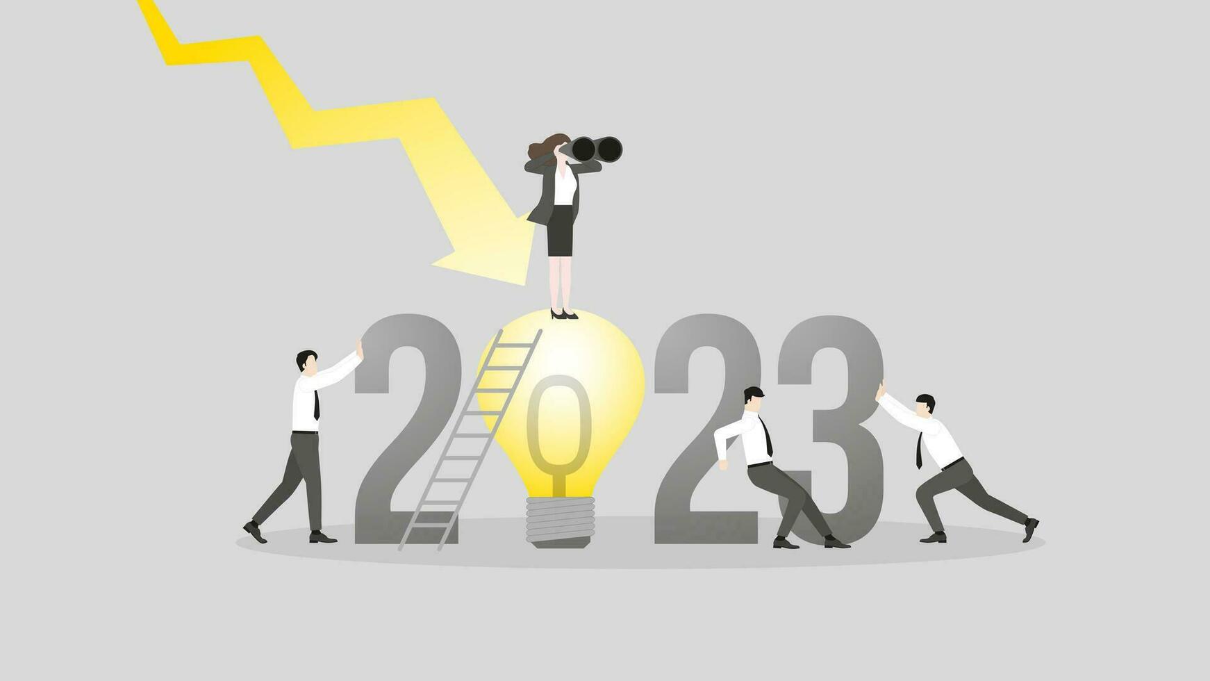 global lågkonjunktur i de år 2023. syn affärskvinna användningar kikare på stor ljus Glödlampa med en team vektor