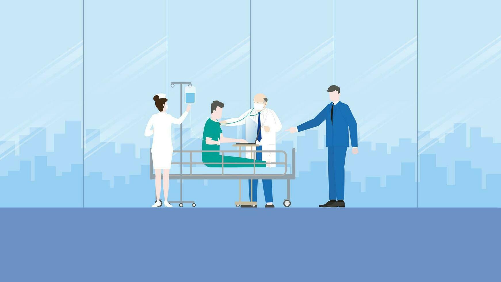 ein Boss weist zu Aufgaben zu krank Mitarbeiter geduldig, mit ein Laptop auf ein Krankenhaus Bett mit medizinisch Mannschaft Mitarbeiter vektor