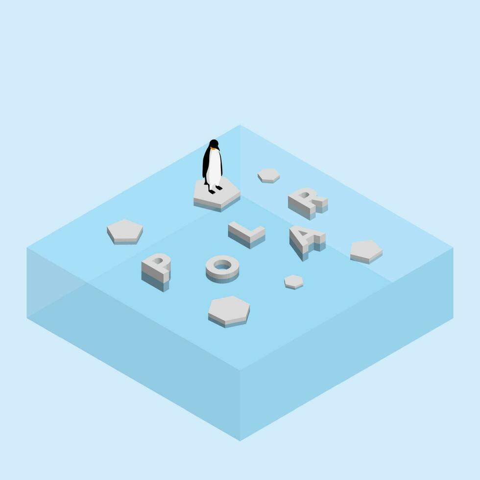 pingvin på flytande is ark och en text ord polär. global uppvärmningen och is smältande vektor