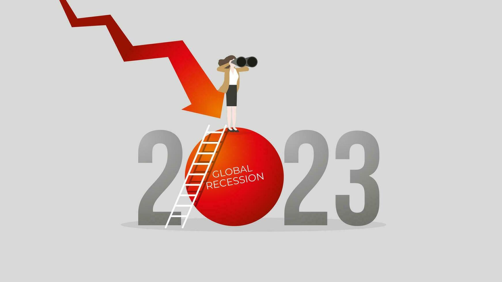global lågkonjunktur begrepp i de år 2023. en syn affärskvinna användningar kikare. vektor