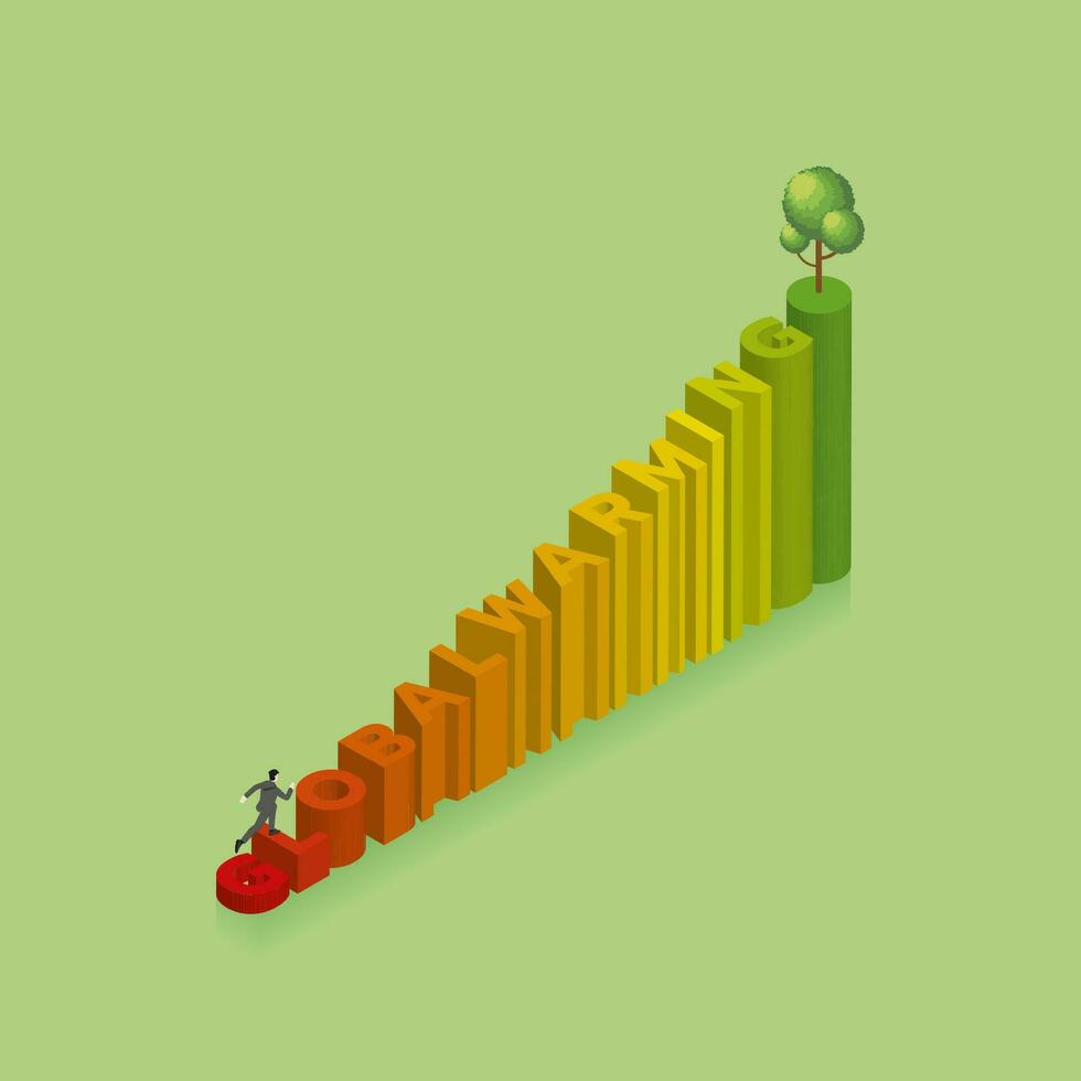 eco vänlig. en man kör och steg upp en text ord global uppvärmningen med Färg gradering och en träd på topp av trappa. vektor