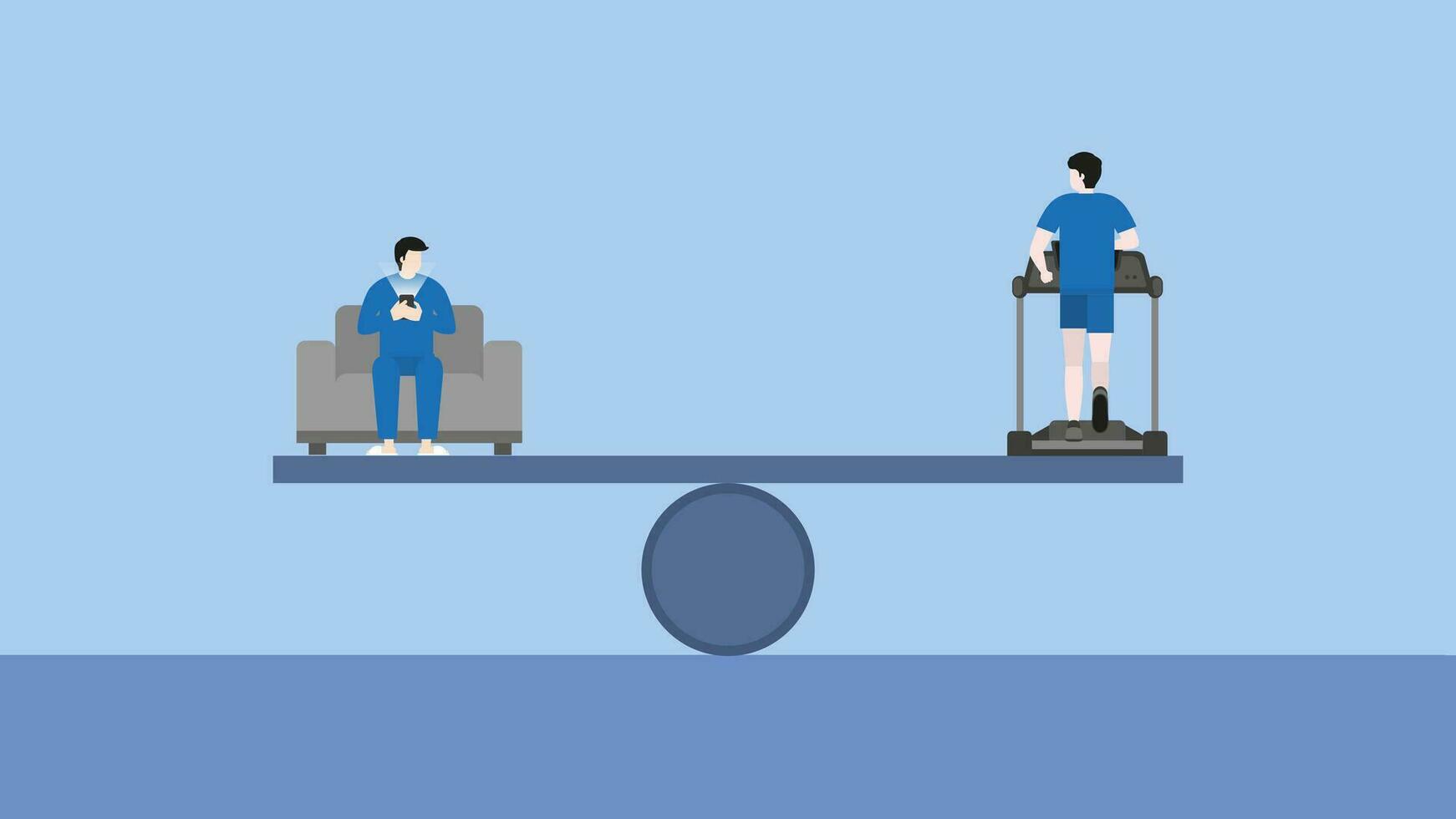 physisch Stärke ist das Übung von Laufen auf ein Laufband mit das andere Seite ein Mann sitzen auf ein Sofa und verwenden ein Smartphone zu entspannen und lindern betonen. vektor