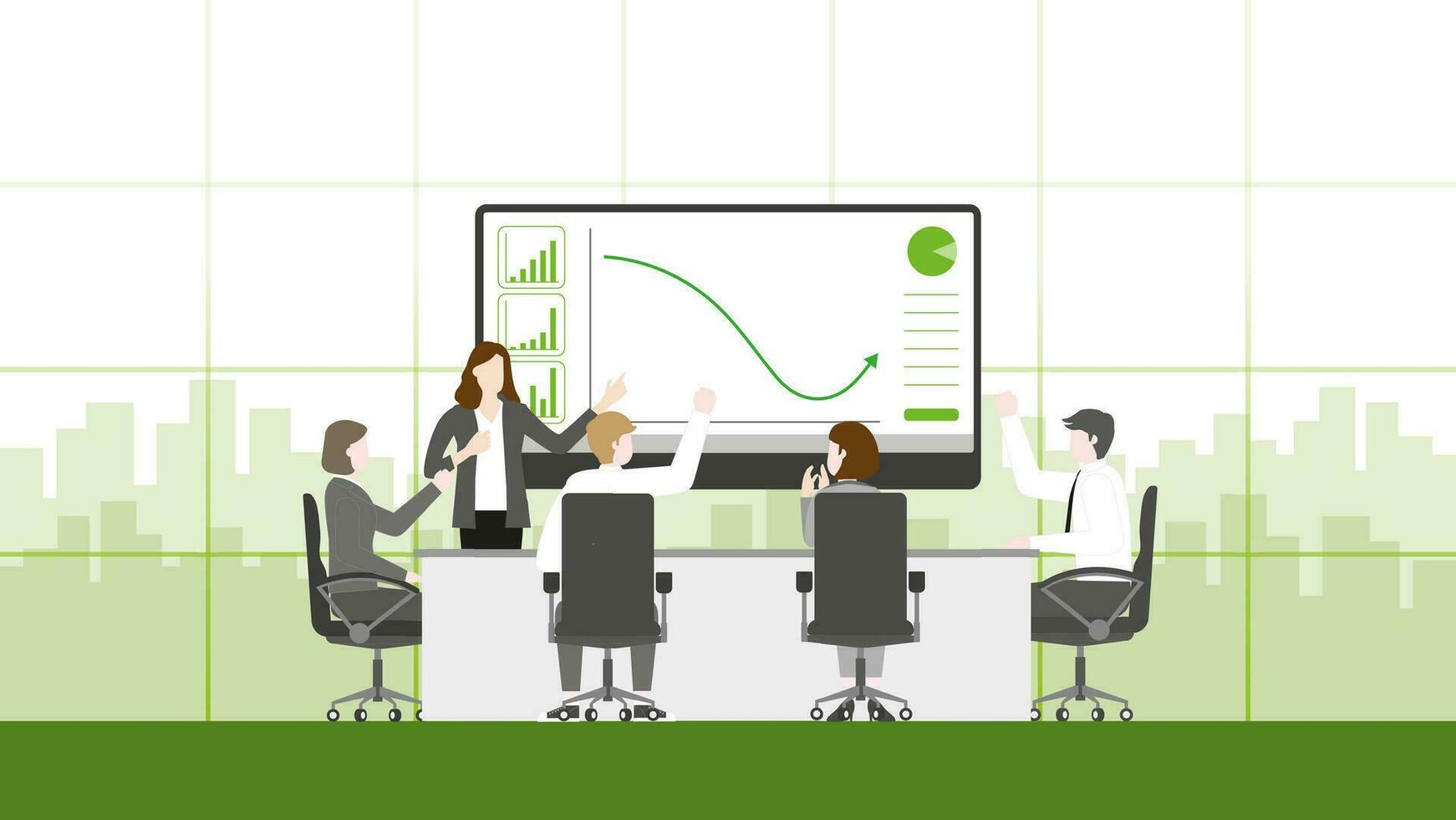 glad hand upp av kvinna chef, personal, kollega och anställd i en möte. lagarbete njuter en jobb tillsammans förbi grön Graf växa upp vinst data. vektor