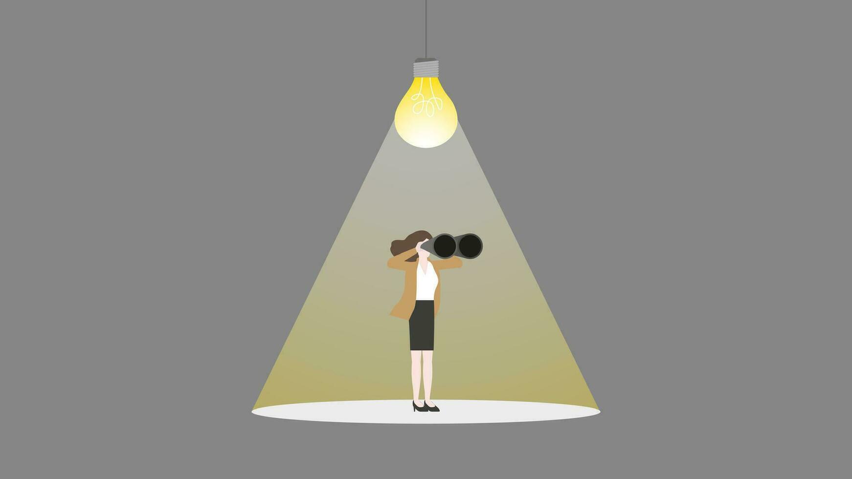 en affärskvinna användningar kikare med en ljus Glödlampa vektor