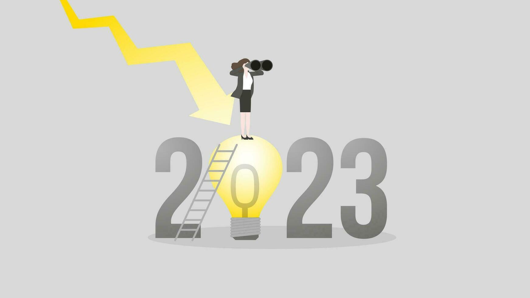 global Rezession im das Jahr 2023. ein Visionär Geschäftsfrau Verwendet Fernglas auf ein groß Licht Birne vektor