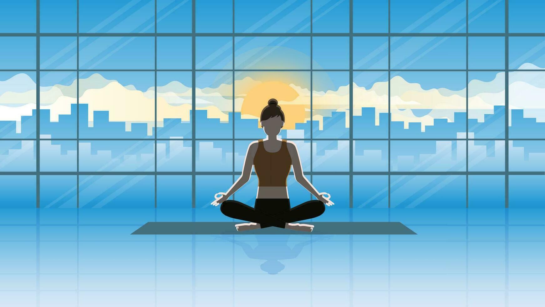 en lugna kvinna sitter och mediterar på de yoga matta. vektor