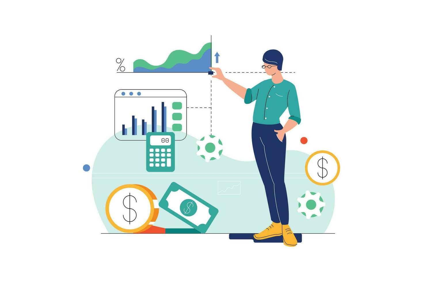 das Unternehmer ist Analysieren das Finanzen, Vektor Geschäft Marketing Linie Illustration Kit