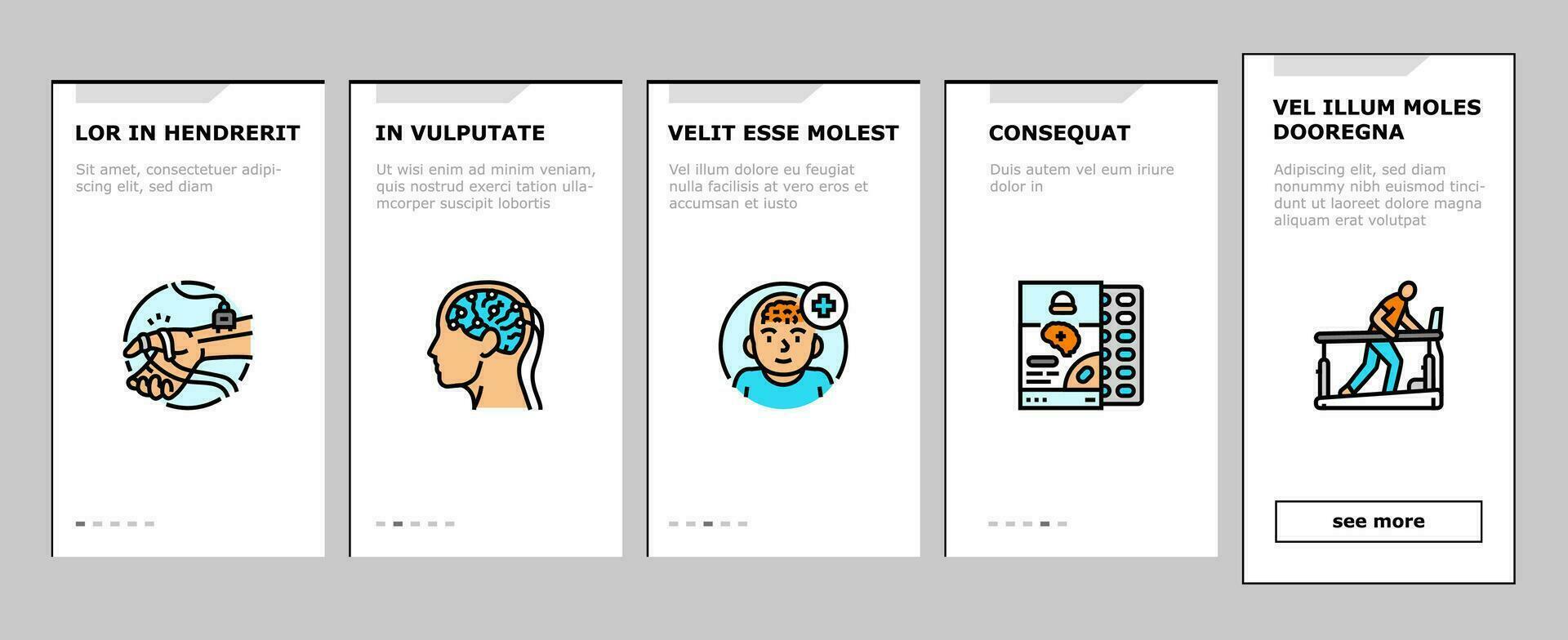 Gehirn Neurologe Arzt Onboarding Symbole einstellen Vektor