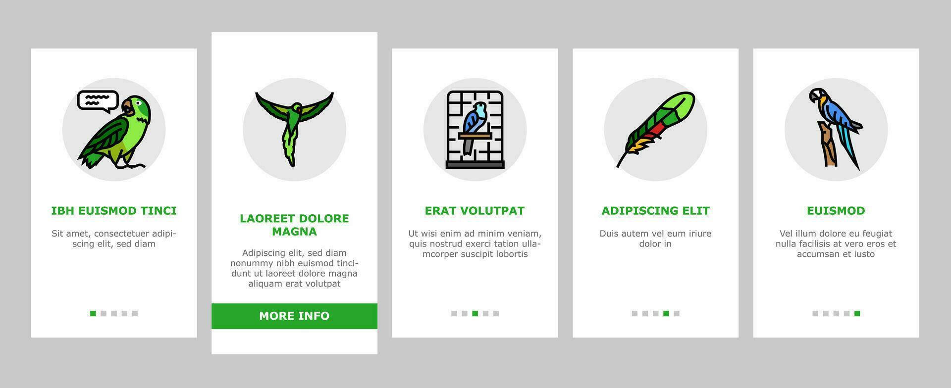papegoja fågel blå djur- tropisk onboarding ikoner uppsättning vektor