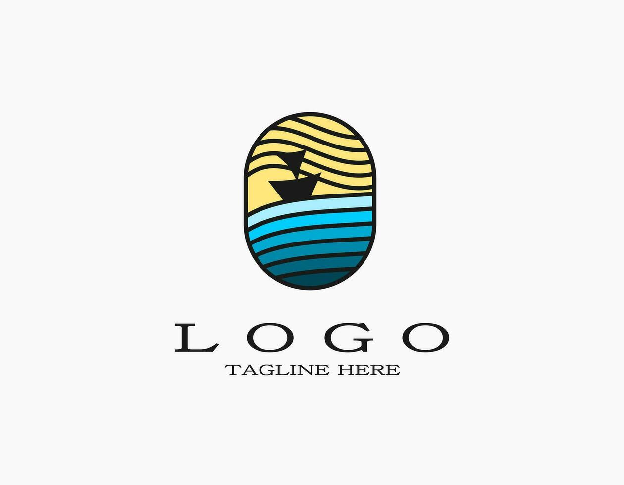 einfach elegant Logo mit ein Segelboot auf das Wellen Meer, Ozean. das Reise Logo. retro Logo mit Blau und Beige. Logo mit Wellen Schlaganfälle oder Linien. vektor