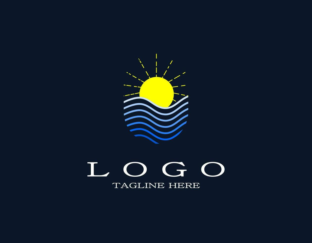 Sonne hell und Wellen Ozean Logo. ästhetisch einfach Design Vektor mit Blau und Gelb. Logo mit Linien und Schlaganfälle Kunst. geeignet zum reisen, Erholungsort, Hotel, Park, Strand.