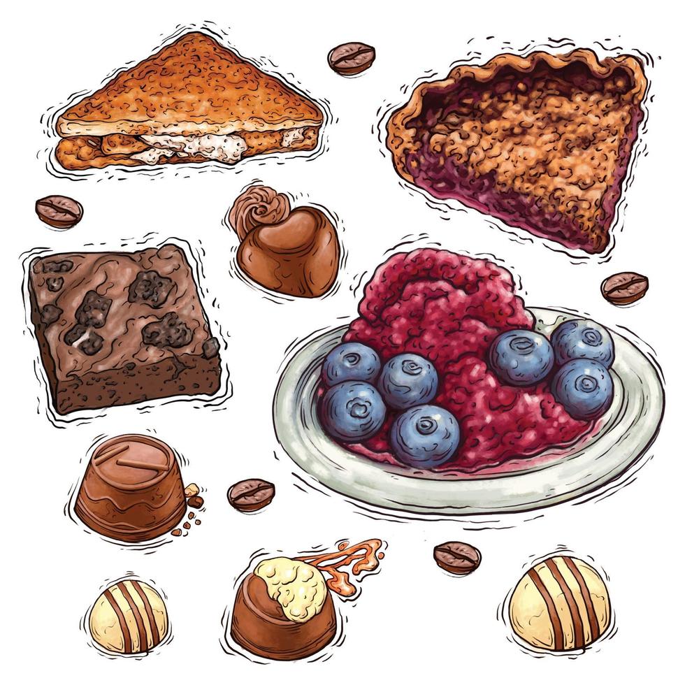 Schokoladenkuchen mit Nüssen und Beeren Dessert Aquarellillustration vektor