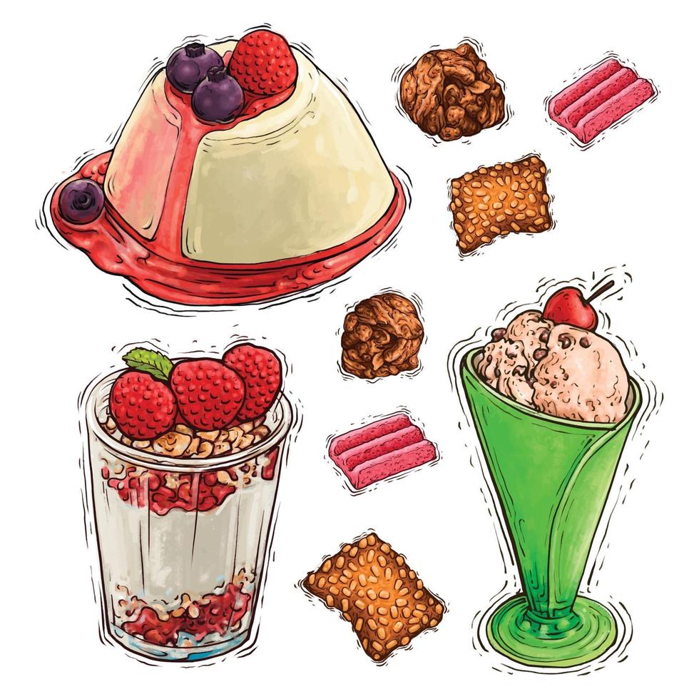 Kuchendessert, Pudding und Sahneaquarellillustration vektor