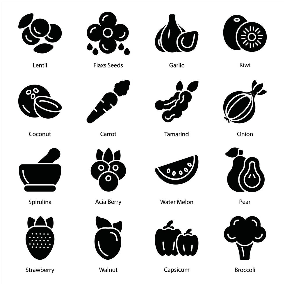 Obst und Gemüse Glyphen-Icon-Set vektor