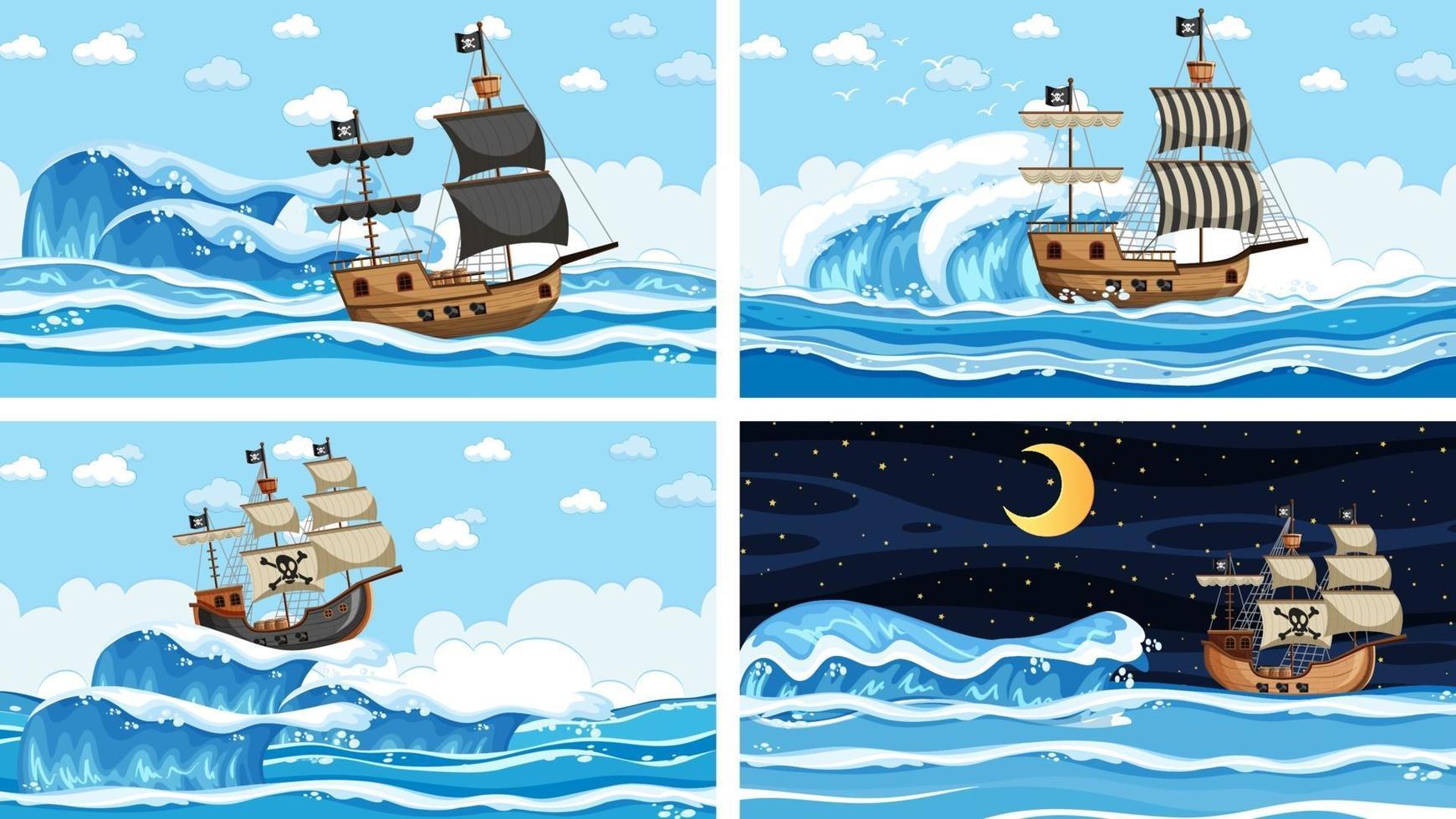 Ozeanszenen mit Piratenschiff zu verschiedenen Zeiten vektor