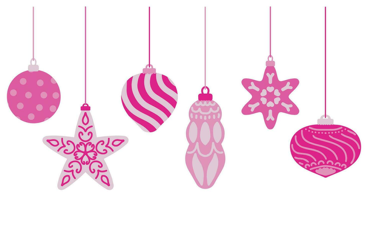 einstellen von Rosa Weihnachten Spielzeuge. Bälle im Barbie Farbe mit Hand Zeichnung Ornamente. isoliert Sammlung zum Weihnachten, Neu Jahr Design. vektor