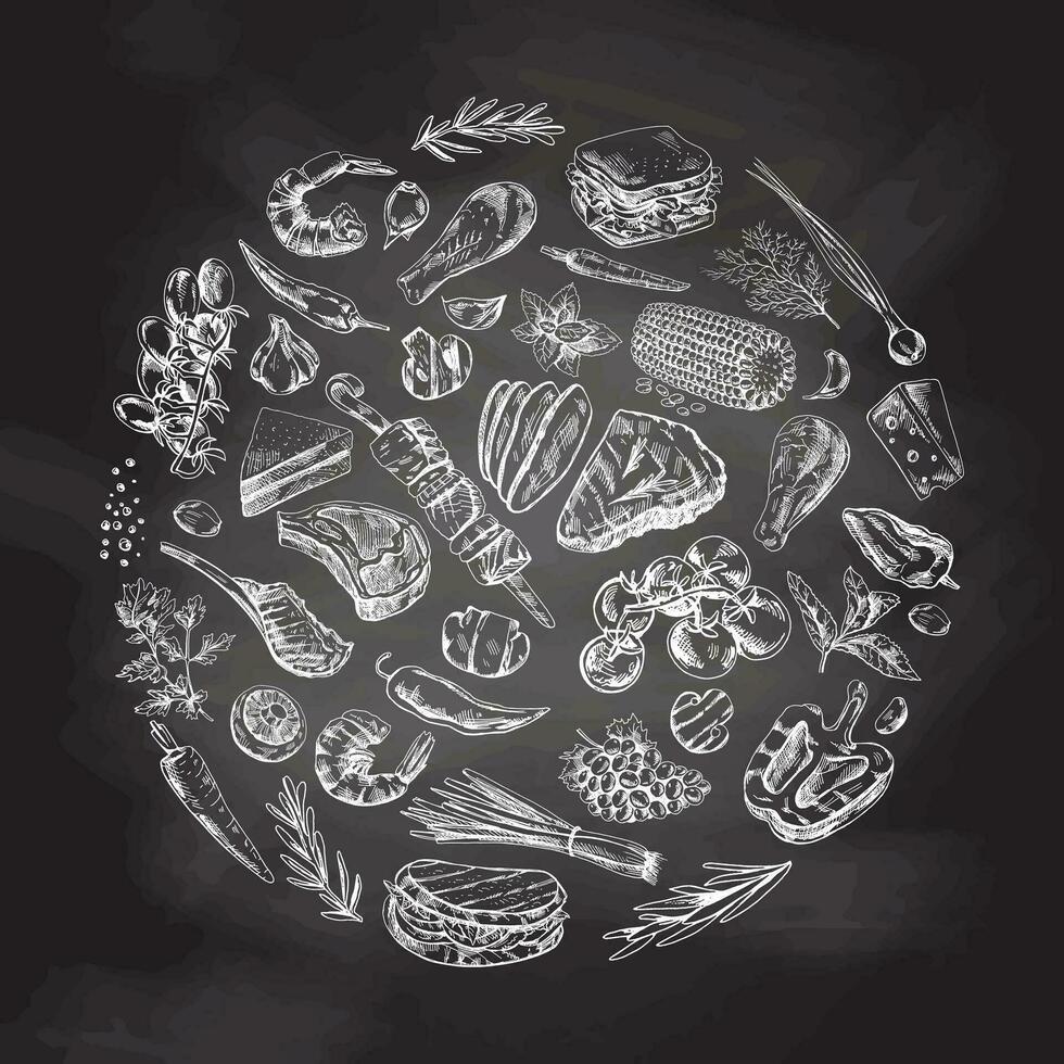 årgång uppsättning av hand dragen svartvit utegrill och picknick ikoner på svarta tavlan bakgrund. element i cirkel. för de design av de meny av restauranger och kaféer, grillad mat. vektor