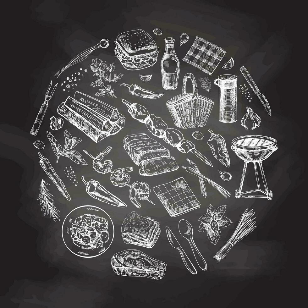 årgång uppsättning av hand dragen svartvit utegrill och picknick ikoner på svarta tavlan bakgrund. element i cirkel. för de design av de meny av restauranger och kaféer, grillad mat. vektor