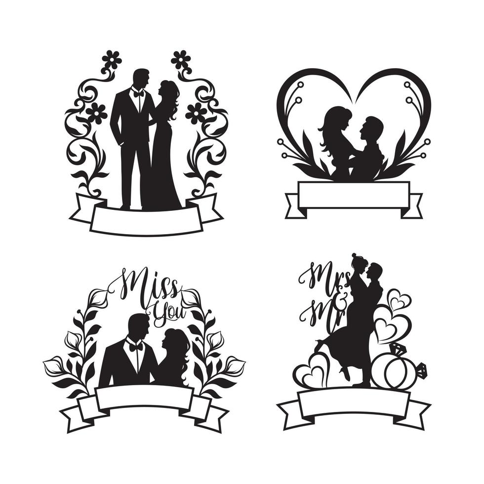 uppsättning av bruden och brudgummen silhuett illustration, lyckligt par vektor