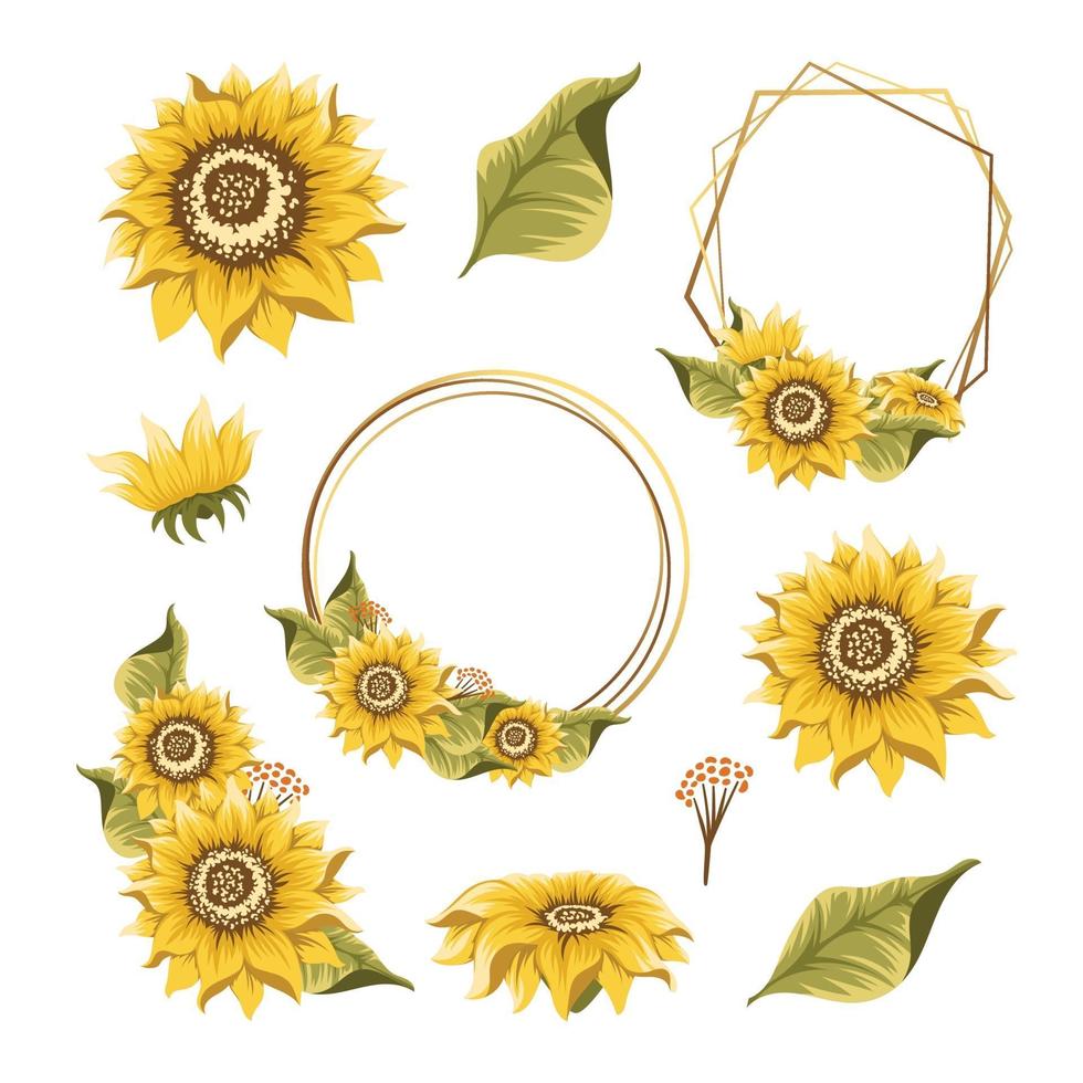 Satz Sonnenblumen-Design-Element für Hochzeitseinladung vektor