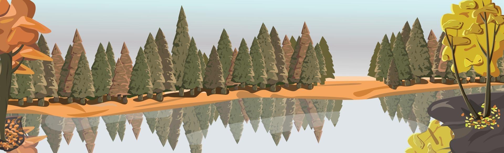 realistischer Mischwald spiegelt sich im Fluss - Vektor