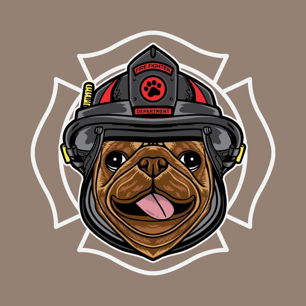 Vektorgrafik Logo Design Mops Hund Cartoon Vintage Retro Feuerwehrmann vektor