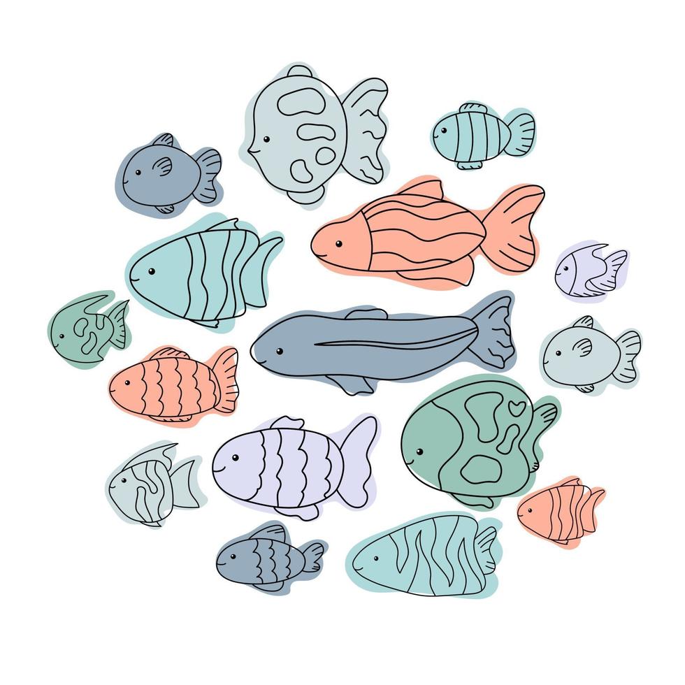 Süße Fische Set Doodle Line Meerwasseraquarium Kollektion vektor