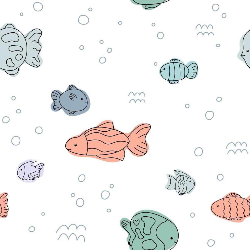 söt fisk hav mönster vit blå linje doodle sömlös bakgrund havet vektor