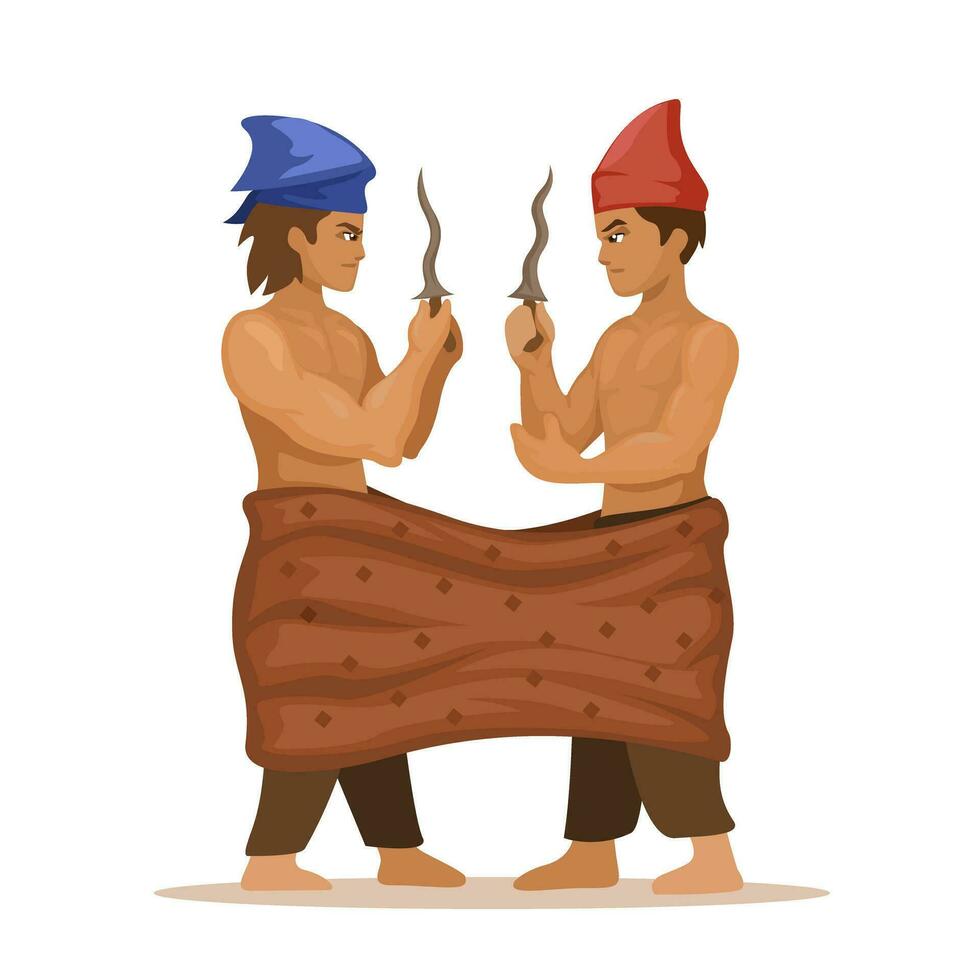 traditionell Kampf Ritual mit Sarong von Makassar, Indonesien Karikatur Illustration Vektor