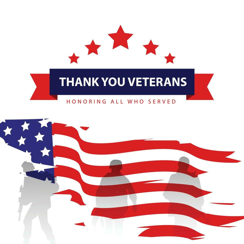 veteran dag affisch och baner minnesmärke amerikan armén veteraner dag november 11 med soldat silhuett och flagga vektor mall
