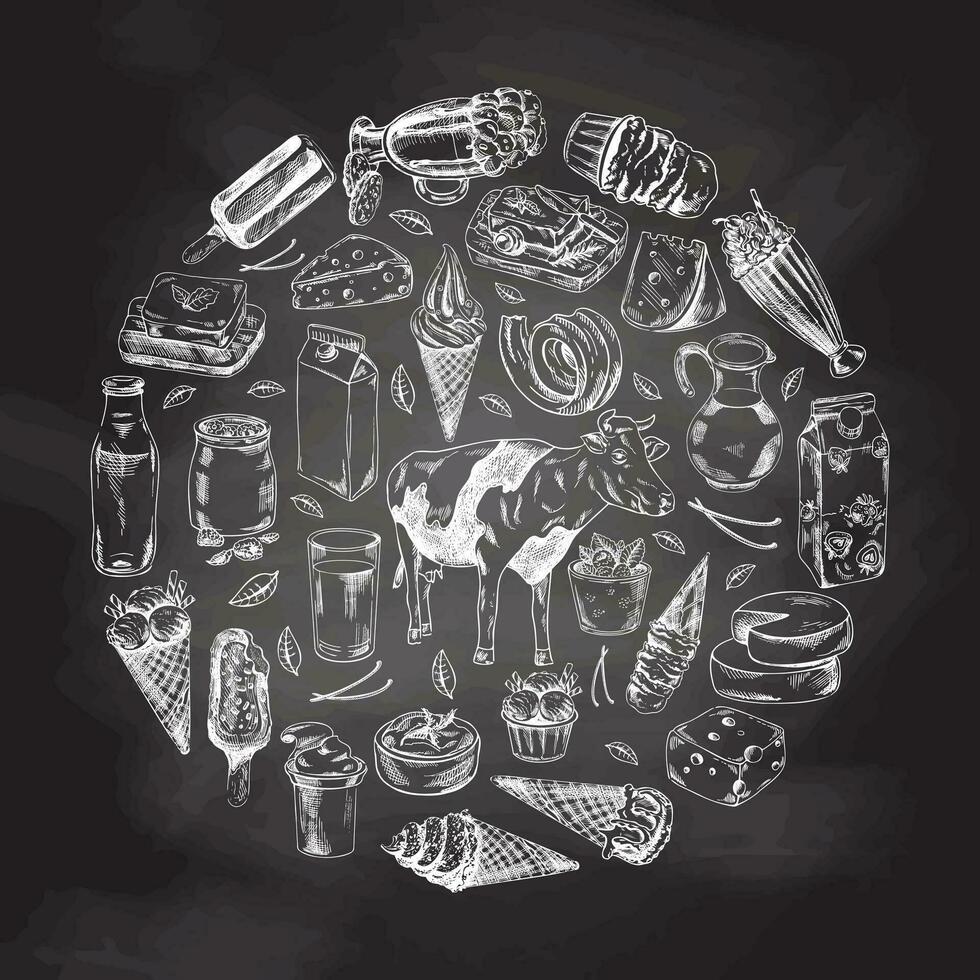 årgång uppsättning av hand dragen svartvit mejeri producera ikoner på svarta tavlan bakgrund. element i cirkel. eco mat. skiss illustration. graverat bild. vektor