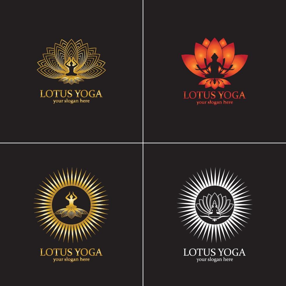 yoga logotyp design, mänsklig meditation i lotusblomma vektor illustration