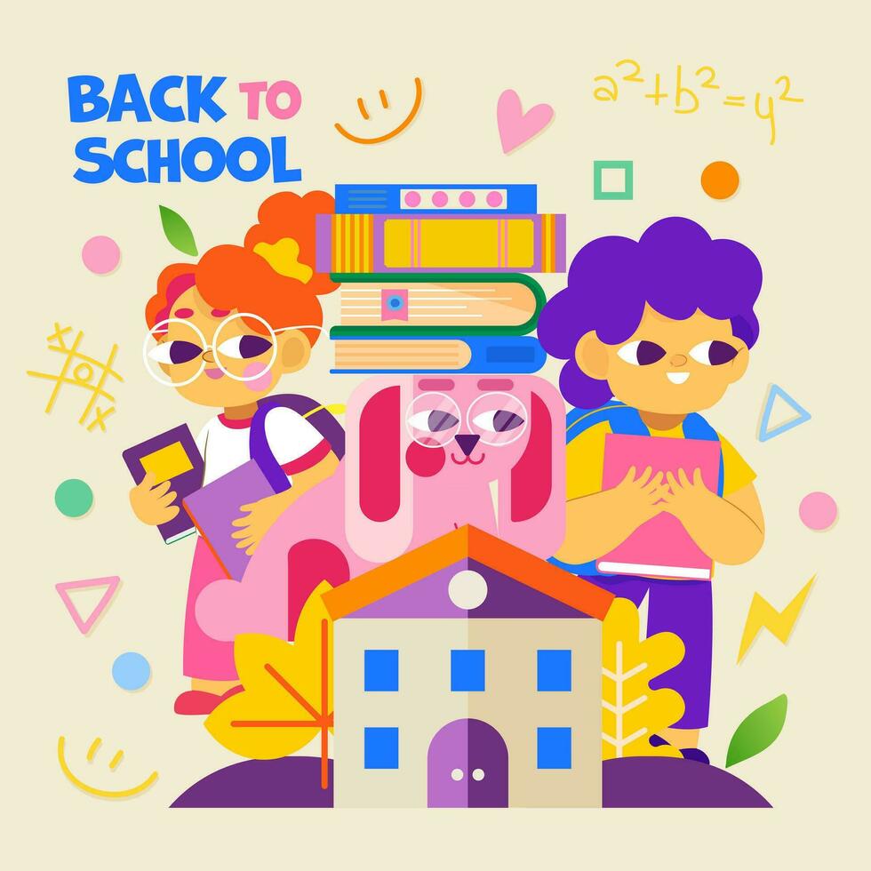 Illustration zurück zu Schule. ein Junge und ein Mädchen mit Rucksäcke und Bücher eifrig zu Start ihr lehrreich Reise. Niedlich, minimalistisch Design vektor