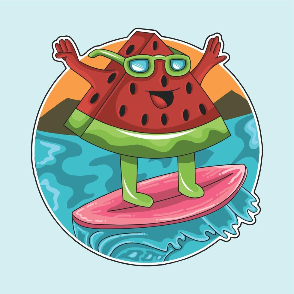 Wassermelonen-Charakter tragen im Sommer eine coole Brille beim Surfen vektor