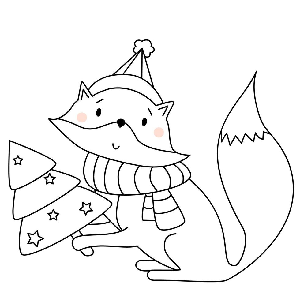 Fuchs in einem Schal und einer Mütze mit einem Weihnachtsbaum. süßes wildes Tier vektor
