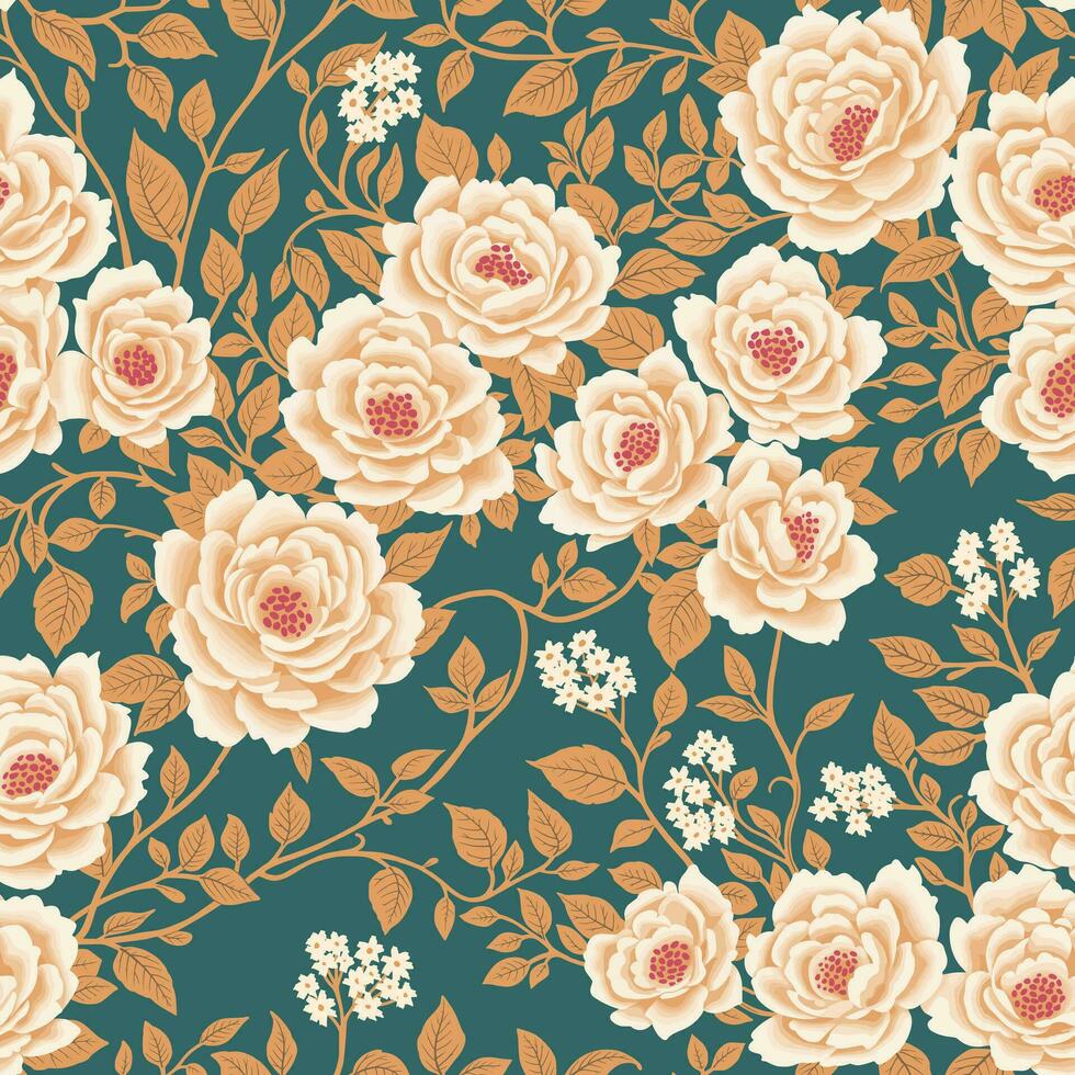 Blumen- nahtlos Muster von Weiß Blumen und polieren Blätter auf blaugrün Hintergrund im ein Chinoiserie Stil. Hand gezeichnet Kunst. Hintergrund Design zum Textilien, Papiere, Drucke, Mode, Paket, Schönheit Produkte. vektor