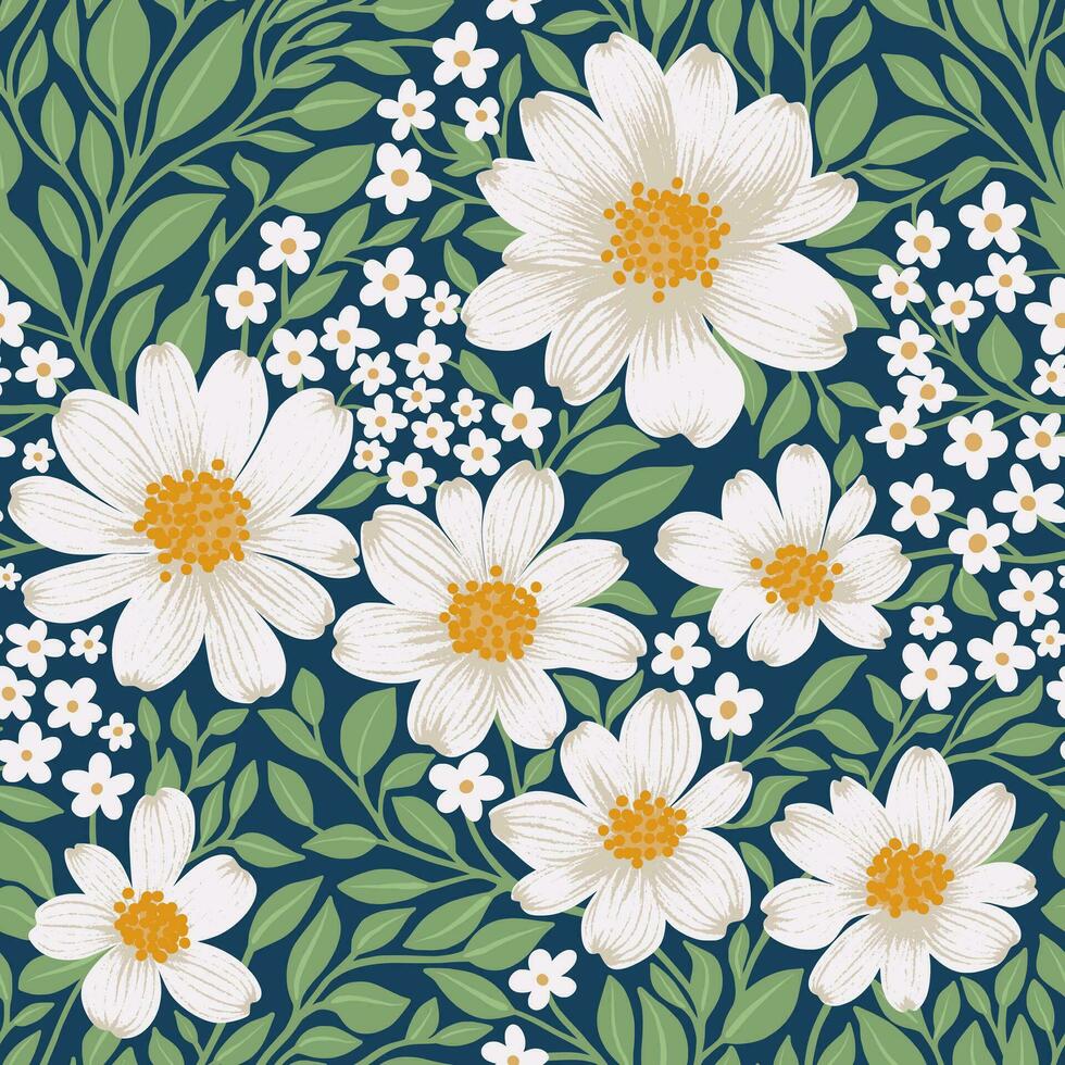 blommig sömlös mönster av vit blommor och grön löv på kricka bakgrund, tapet design för textilier, papper, grafik, mode bakgrunder, skönhet Produkter vektor
