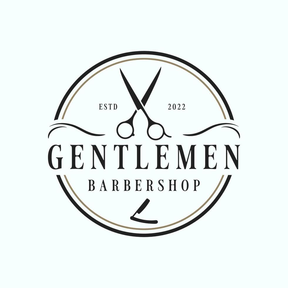 retro Jahrgang Friseur Haarschnitt und rasieren Logo Vorlage mit Haarschnitt Ausrüstung Design. Logo zum Geschäft, Emblem, Etikett, Barbier und Abzeichen. vektor