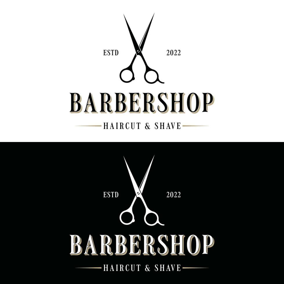 retro Jahrgang Friseur Haarschnitt und rasieren Logo Vorlage mit Haarschnitt Ausrüstung Design. Logo zum Geschäft, Emblem, Etikett, Barbier und Abzeichen. vektor