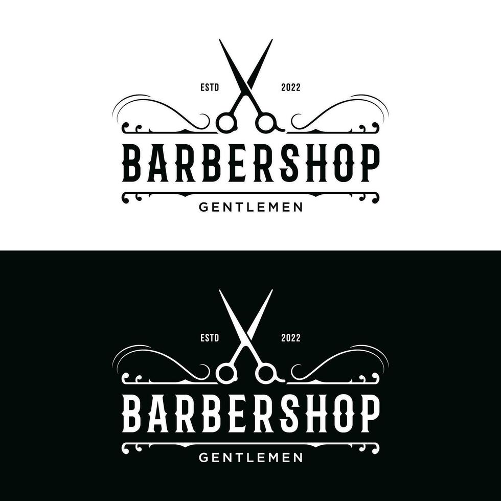 retro årgång frisör frisyr och rakning logotyp mall med frisyr Utrustning design. logotyp för företag, emblem, märka, barberare och bricka. vektor