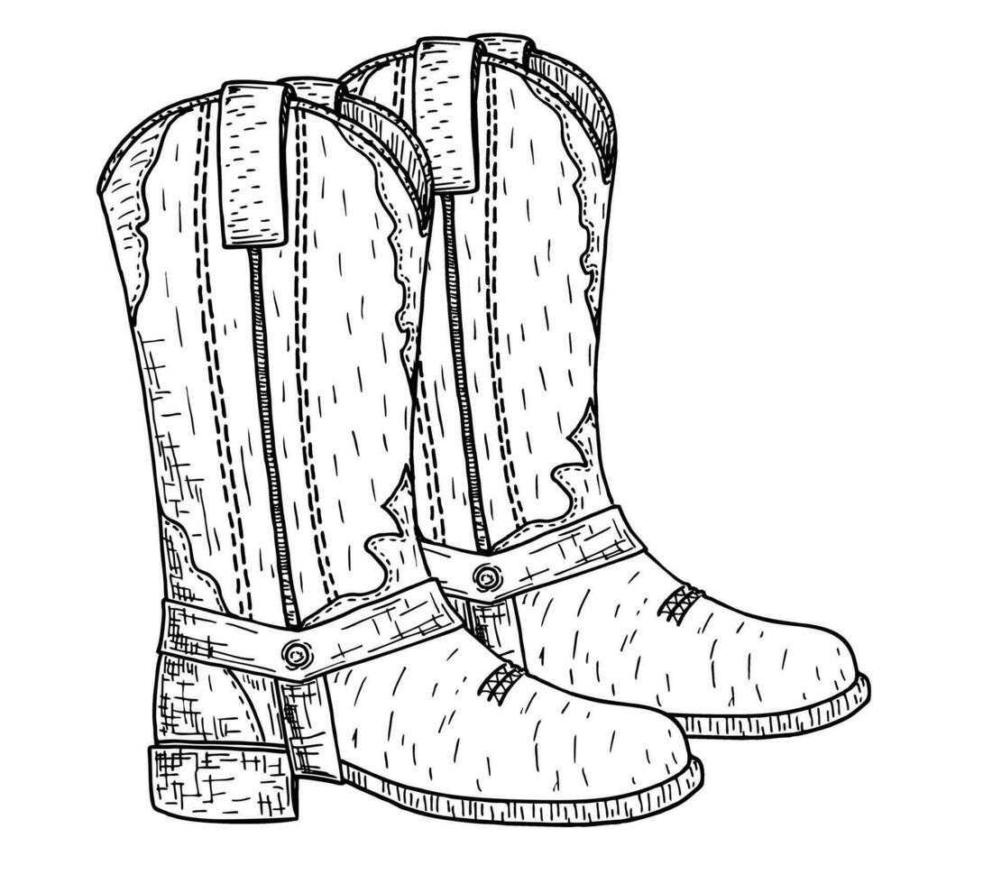 Cowboy Stiefel skizzieren. amerikanisch traditionell Leder Stiefel. Grafik Hand gezeichnet Illustration isoliert auf Weiß zum drucken oder Design. Design Element zum Poster, Flyer. Vektor