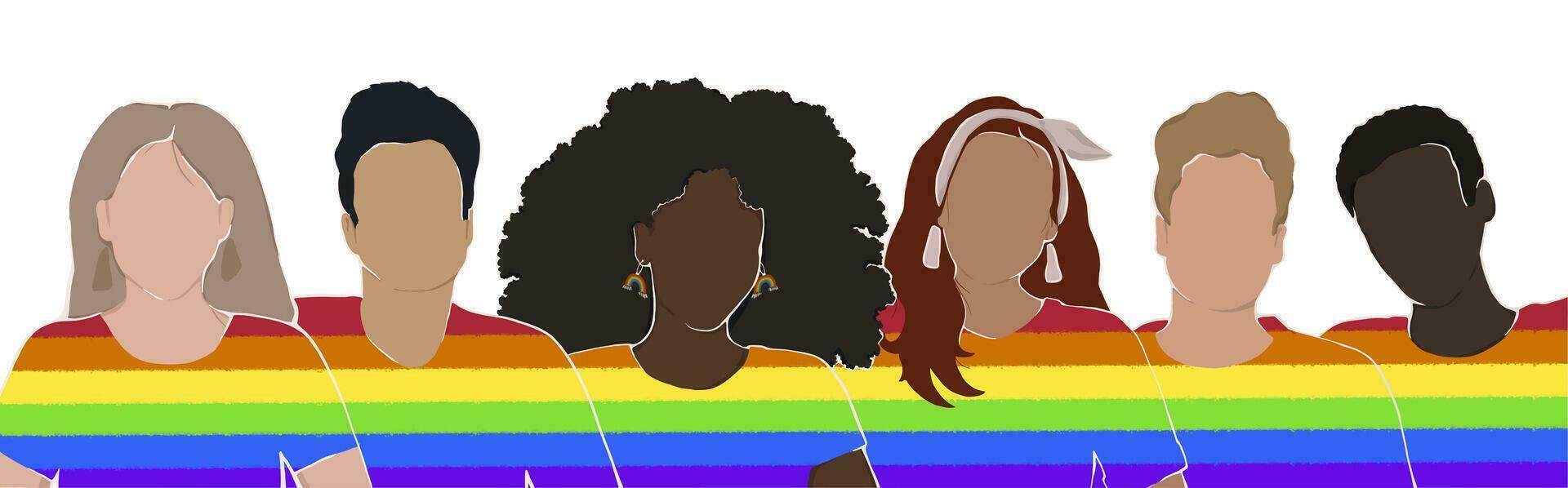 olika människor från annorlunda etnisk grupper stå tillsammans bär regnbågefärgad t-shirts. Stöd för HBTQ. mänsklig rättigheter. affisch, baner. platt illustration vektor