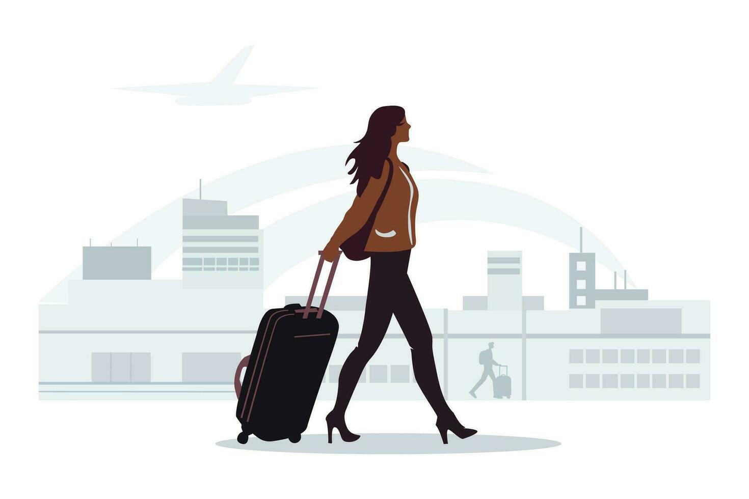 Frau mit das Wagen Tasche im das Flughafen. Geschäft Reise. jung Menschen Reisen um Welt. Karikatur Vektor eben Illustration Konzept.