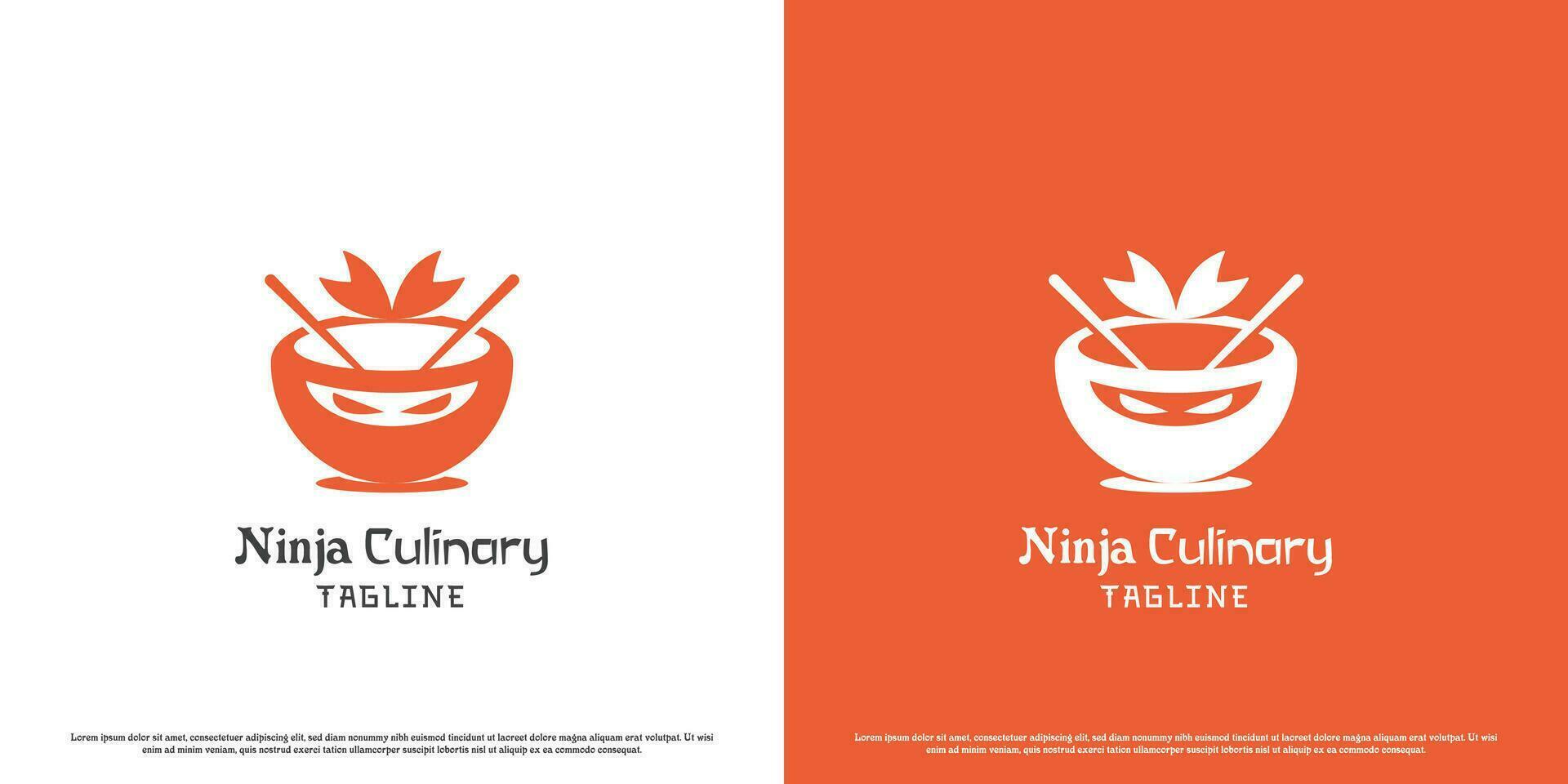 asiatisch kulinarisch Logo Design Illustration. Schatten Silhouette von Ninja Japan Maskottchen Schüssel Essstäbchen kulinarisch Essen traditionell Kochen Stall Restaurant lokal Cafe. minimalistisch einfach modern eben Symbol. vektor